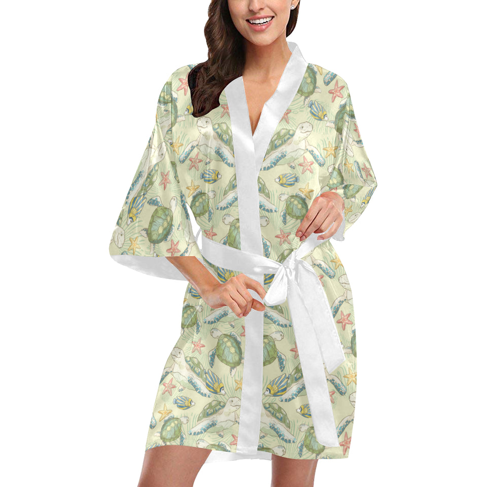 Hand drawn sea turtle fish pattern Women's Short Kimono Robe