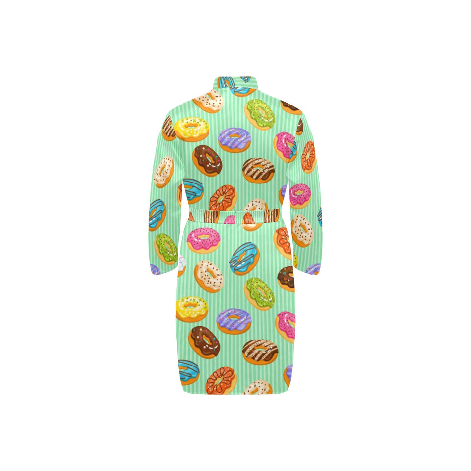 Colorful donut pattern green background Men's Long Sleeve Belted Night Robe