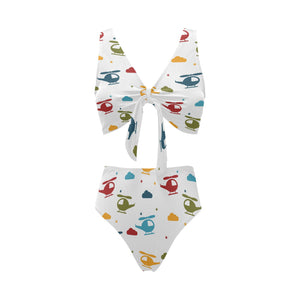 Colorful helicopter pattern Chest Bowknot High Waisted Bikini Swimsuit