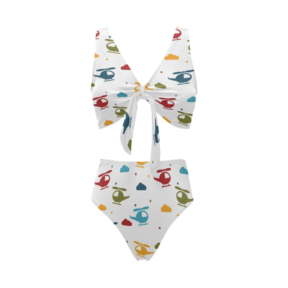 Colorful helicopter pattern Chest Bowknot High Waisted Bikini Swimsuit