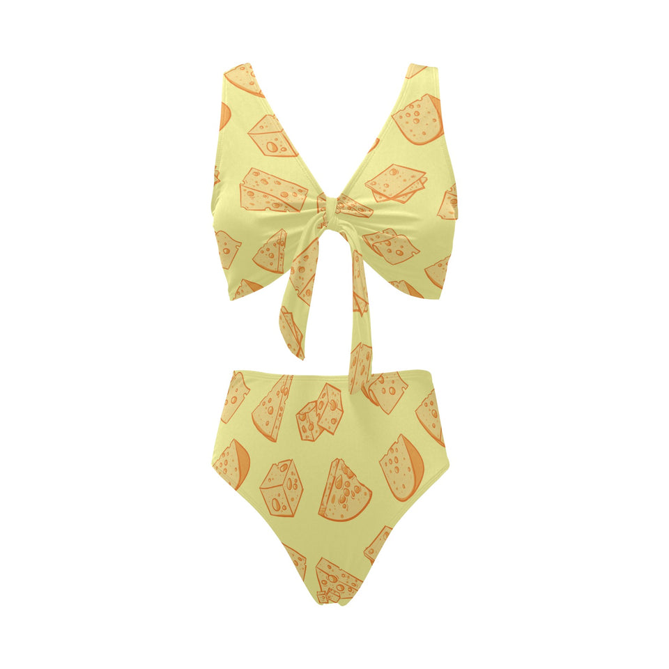Cheese design pattern Chest Bowknot High Waisted Bikini Swimsuit