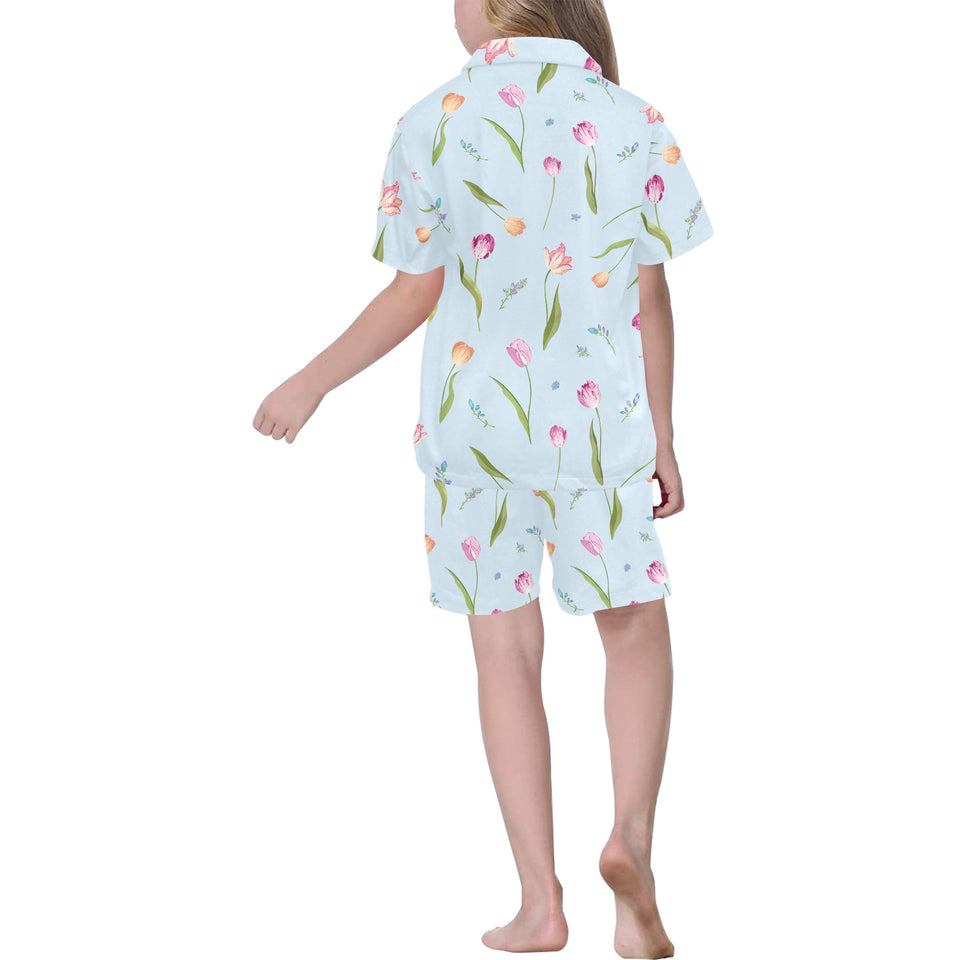 Watercolor Tulips pattern Kids' Boys' Girls' V-Neck Short Pajama Set