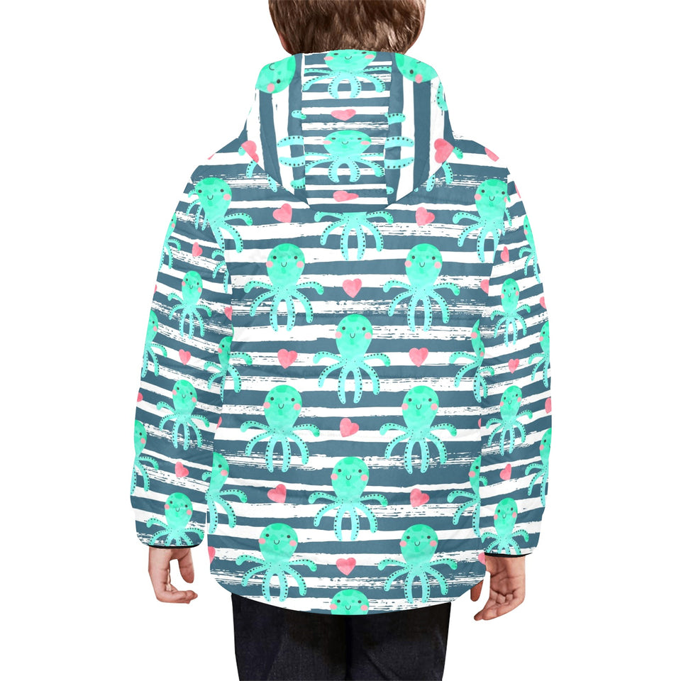Cute octopuses heart striped background Kids' Boys' Girls' Padded Hooded Jacket