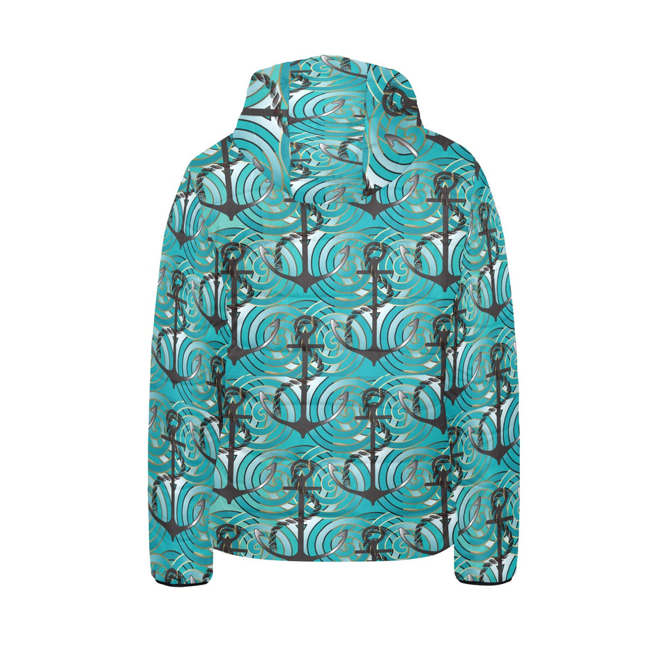 Anchor nautical green background Kids' Boys' Girls' Padded Hooded Jacket