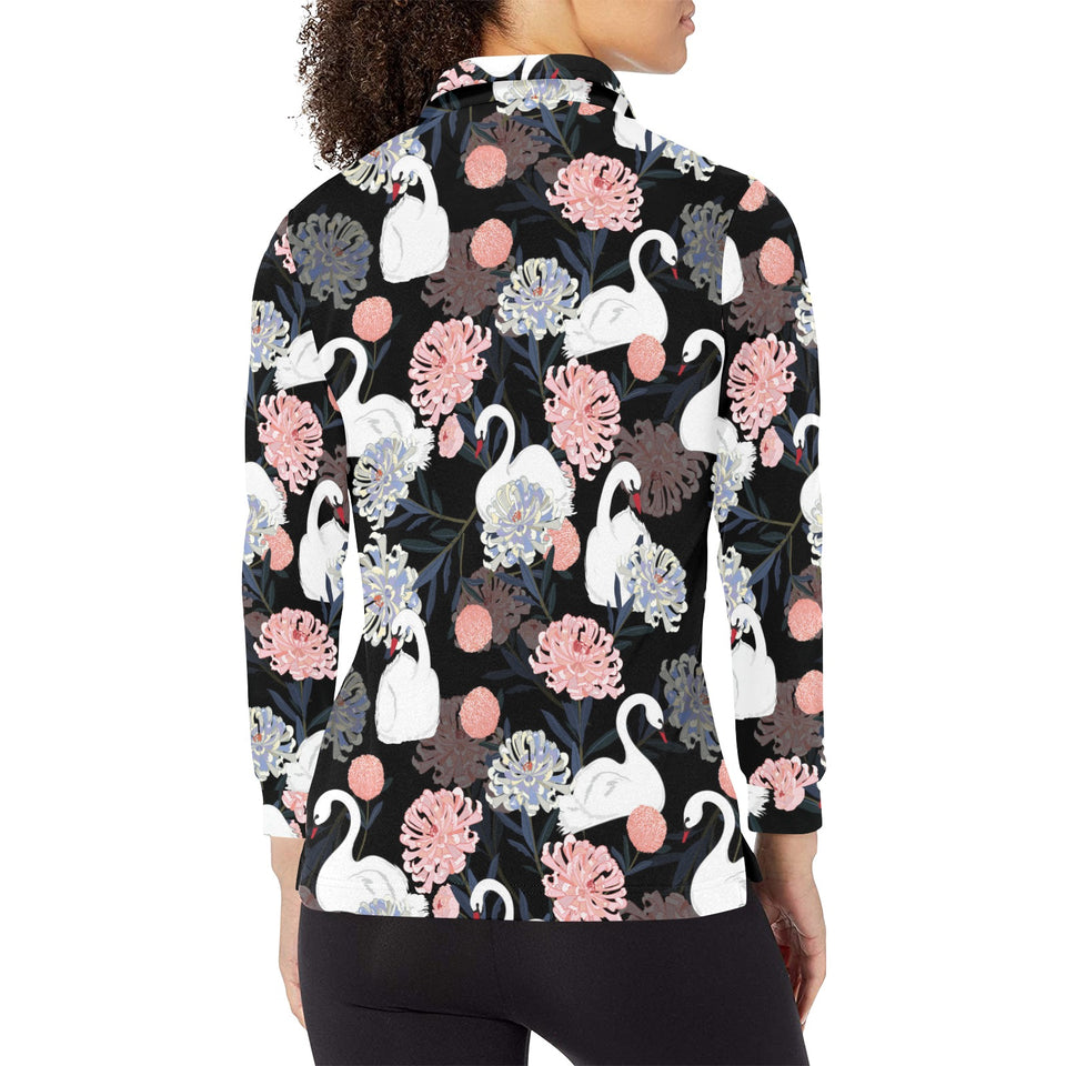 white swan blooming flower pattern Women's Long Sleeve Polo Shirt