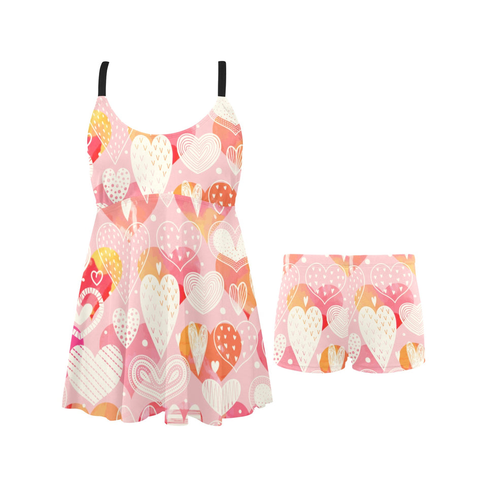 Hand drawn heart design pattern Chest Sexy Pleated Two Piece Swim Dress