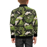 White orchid flower tropical leaves pattern blackg Kids' Boys' Girls' Bomber Jacket