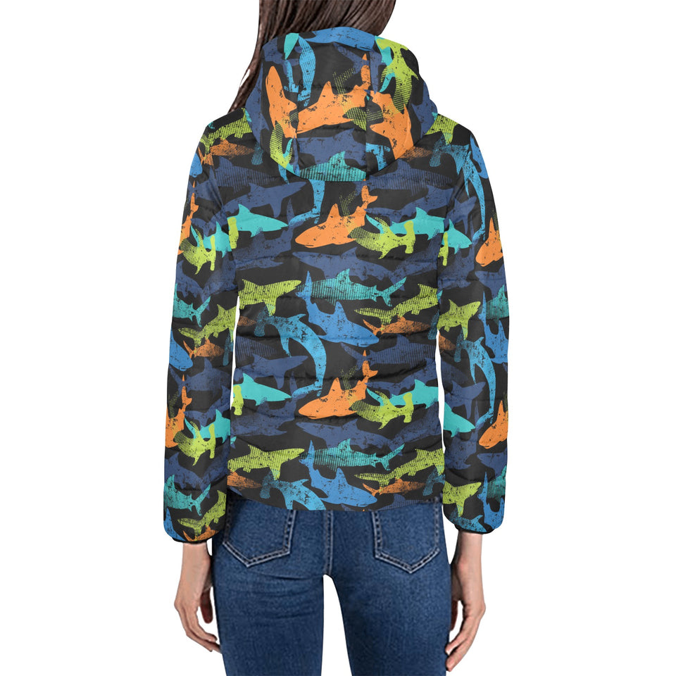 Colorful shark Women's Padded Hooded Jacket