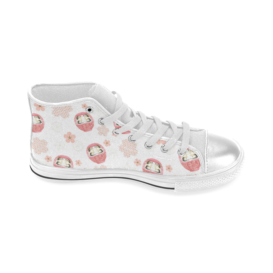Daruma japanese wooden doll cherry blossom flower Women's High Top Canvas Shoes White