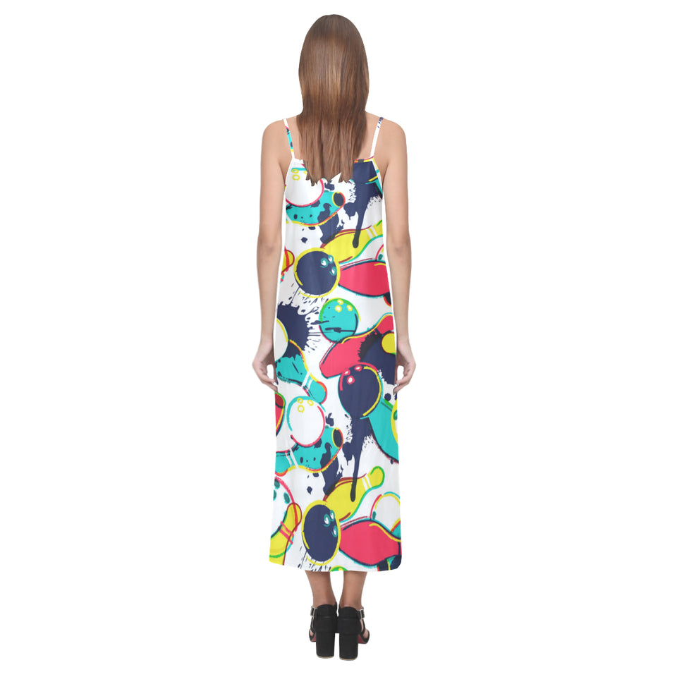 watercolor bowling ball pins V-Neck Open Fork Long Dress