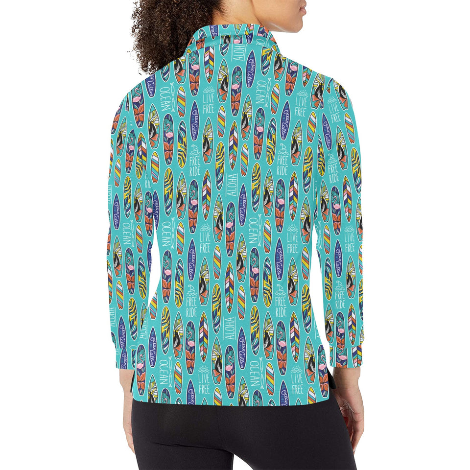 Surfboard Pattern Print Design 05 Women's Long Sleeve Polo Shirt