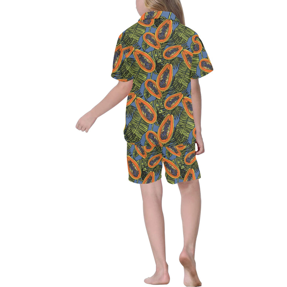 Colorful papaya tropical leaves Kids' Boys' Girls' V-Neck Short Pajama Set