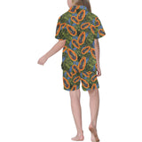 Colorful papaya tropical leaves Kids' Boys' Girls' V-Neck Short Pajama Set