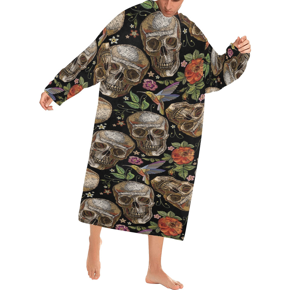 Skull rose humming bird flower pattern Blanket Robe with Sleeves