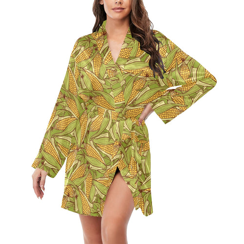 Corn Pattern Print Design 01 Women's Long Sleeve Belted Night Robe