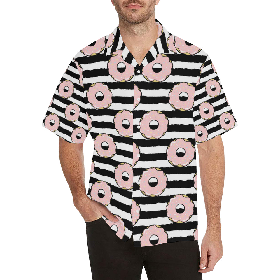 Donuts pink icing striped pattern Men's All Over Print Hawaiian Shirt