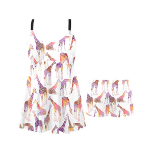 Giraffe Pattern Print Design 02 Chest Sexy Pleated Two Piece Swim Dress