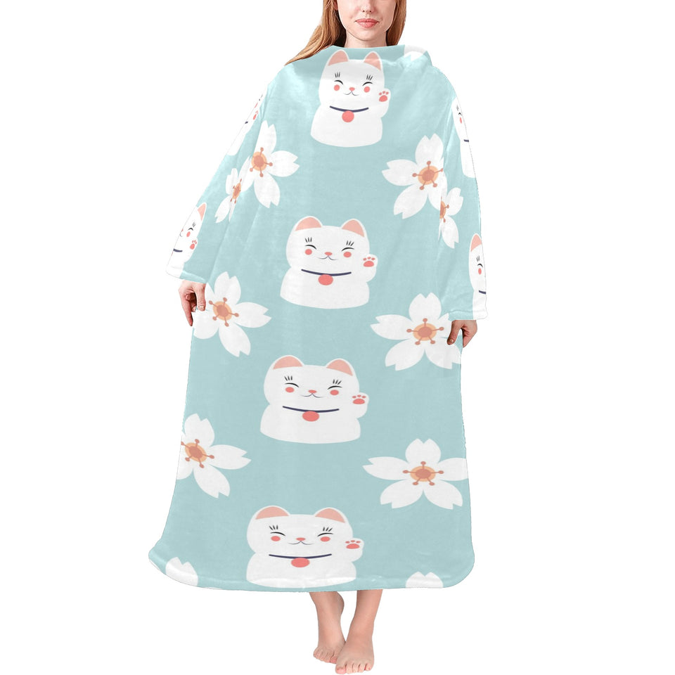 Maneki neko cat sakura Blanket Robe with Sleeves