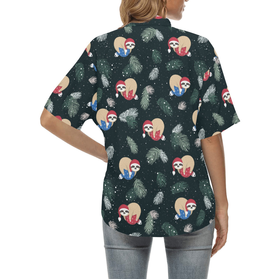 Cute sloths sleeping christmas ball santa hat patt Women's All Over Print Hawaiian Shirt