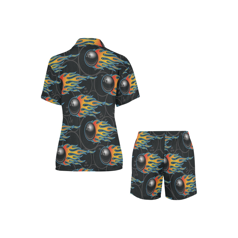 Bowling balls flame pattern Women's V-Neck Short Pajama Set