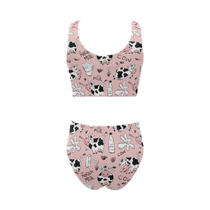 Cows milk product pink background Chest Bowknot High Waisted Bikini Swimsuit