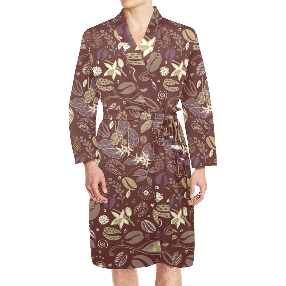 Coffee bean flower pattern Men's Long Sleeve Belted Night Robe