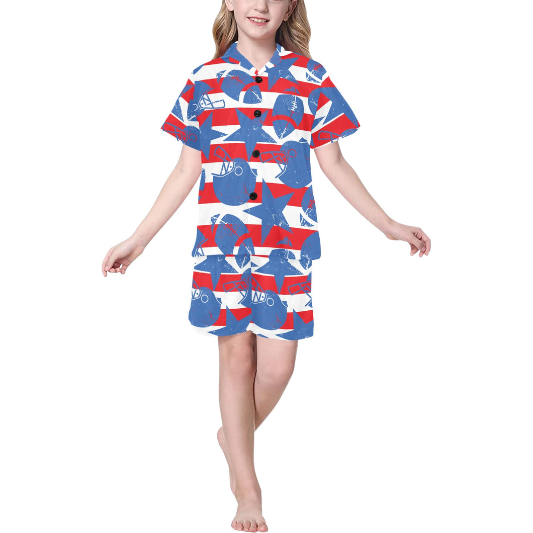 American football ball star stripes pattern Kids' Boys' Girls' V-Neck Short Pajama Set