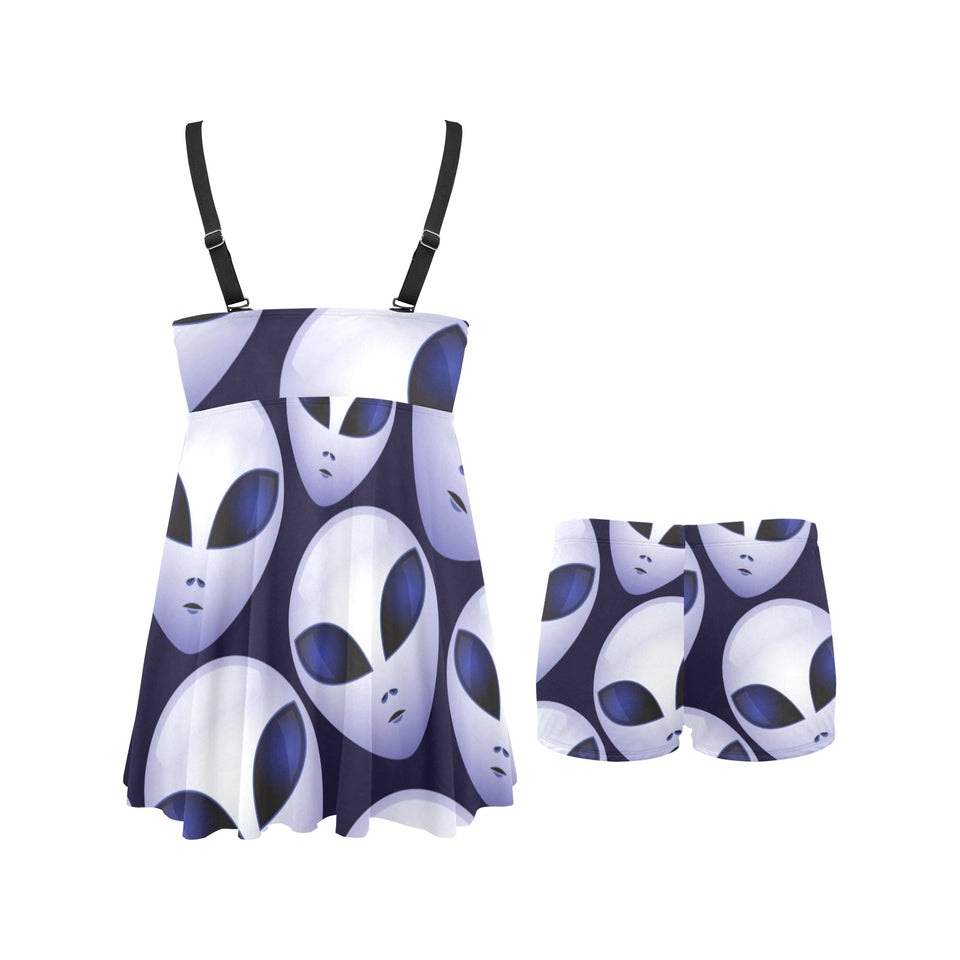 Alien Pattern Print Design 01 Chest Sexy Pleated Two Piece Swim Dress