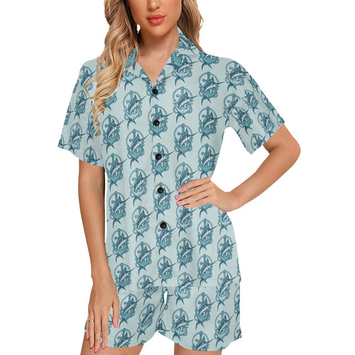 Swordfish Pattern Print Design 05 Women's V-Neck Short Pajama Set