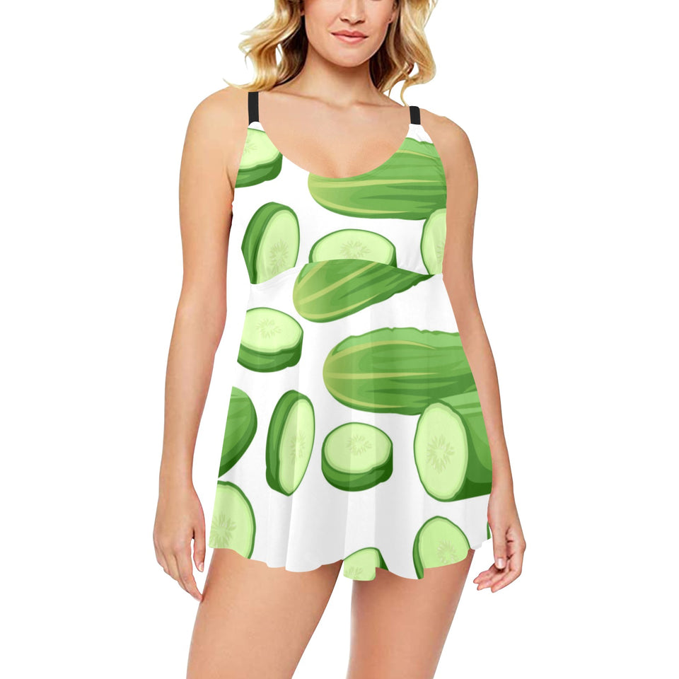 cucumber whole slices pattern Chest Sexy Pleated Two Piece Swim Dress