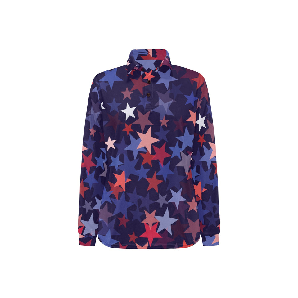 Red blue star pattern Women's Long Sleeve Polo Shirt