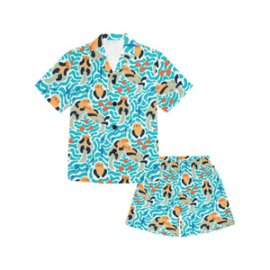 Cute sea otters fishe sea urchin pattern Kids' Boys' Girls' V-Neck Short Pajama Set