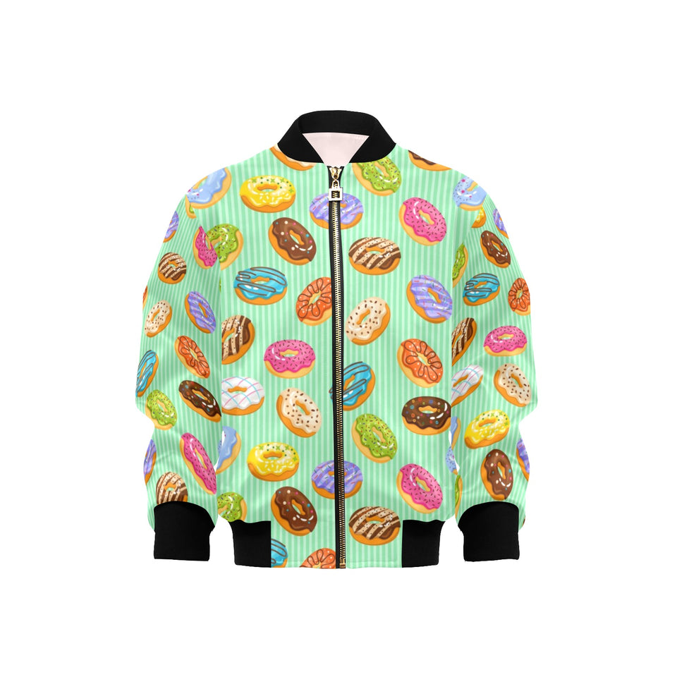 Colorful donut pattern green background Kids' Boys' Girls' Bomber Jacket