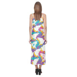 Colorful crow illustration pattern V-Neck Open Fork Long Dress