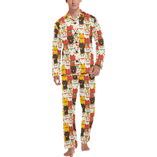 Colorful Maneki neko cat pattern Men's Long Pajama Set