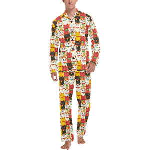 Colorful Maneki neko cat pattern Men's Long Pajama Set