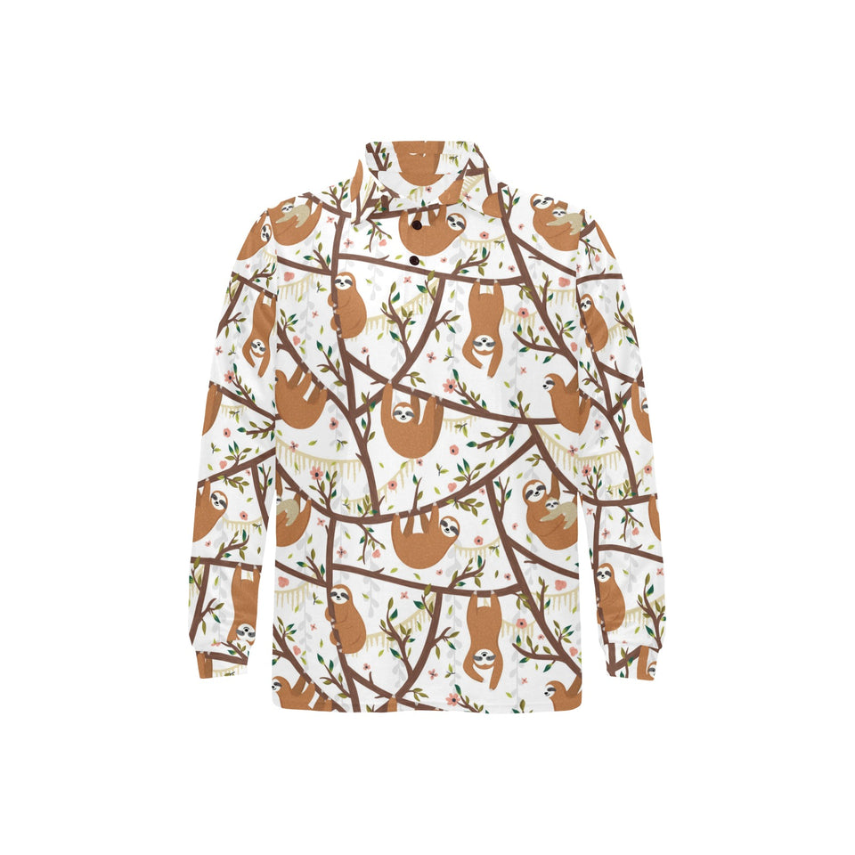 Sloths hanging on the tree pattern Men's Long Sleeve Polo Shirt
