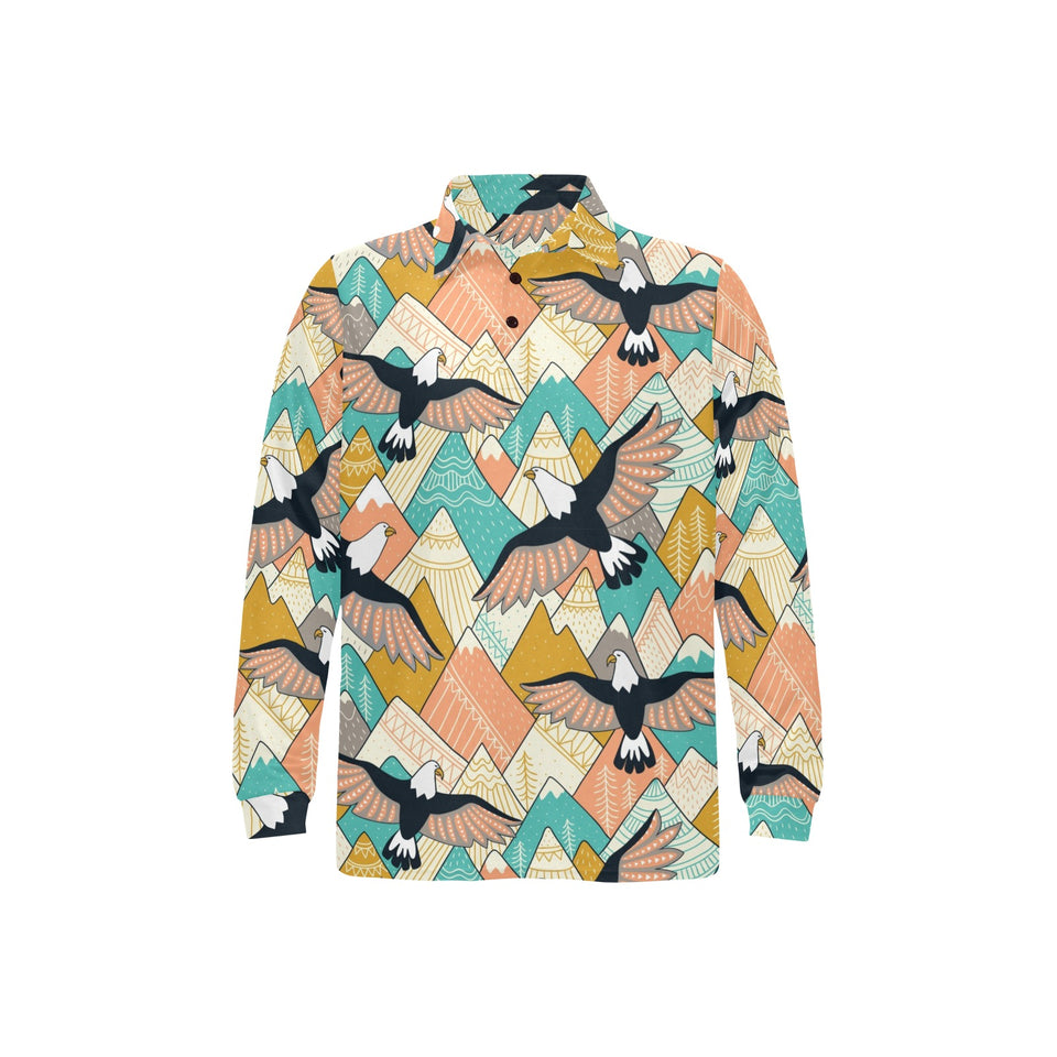 Eagle Pattern Print Design 02 Men's Long Sleeve Polo Shirt
