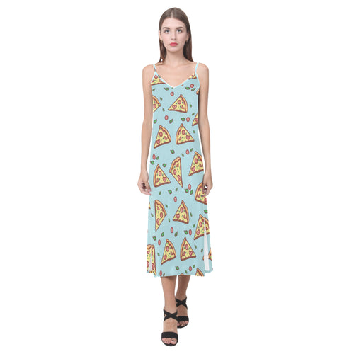 Hand drawn pizza blue background V-Neck Open Fork Long Dress