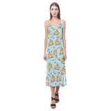 Hand drawn pizza blue background V-Neck Open Fork Long Dress