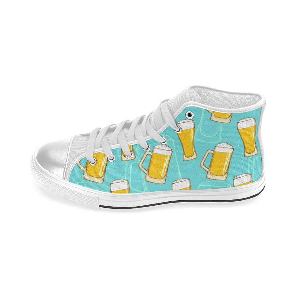 Beer pattern green background Women's High Top Canvas Shoes White