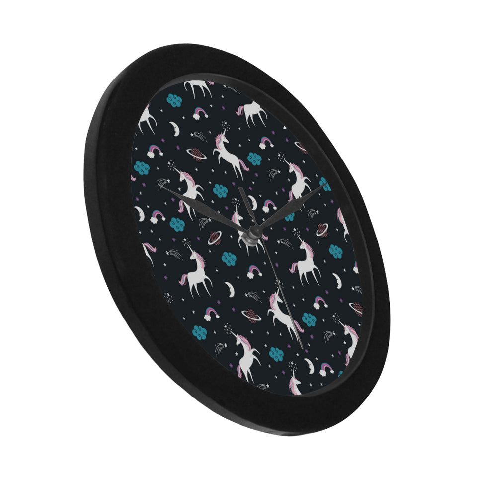 unicorn rainbows moon clound star pattern Elegant Black Wall Clock