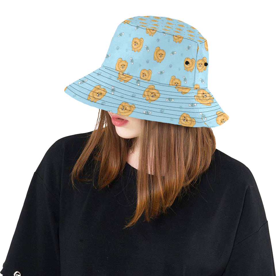 Brown cute pomeranian blue blackground Unisex Bucket Hat