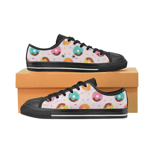 Donut pattern glaze pink background Kids' Boys' Girls' Low Top Canvas Shoes Black