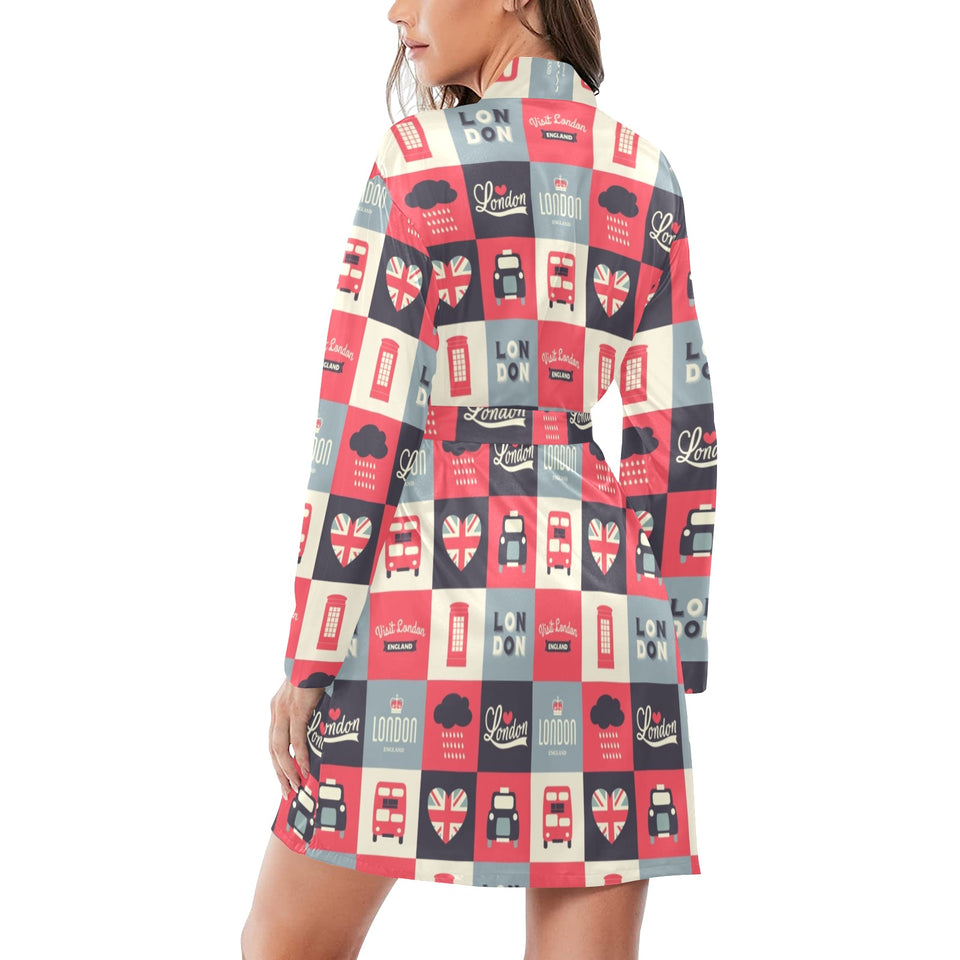 British Pattern Print Design 05 Women's Long Sleeve Belted Night Robe