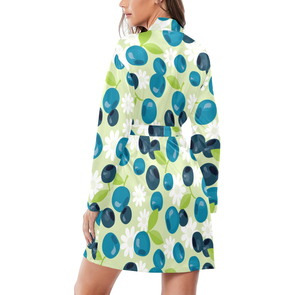 blueberry flower pattern Women's Long Sleeve Belted Night Robe