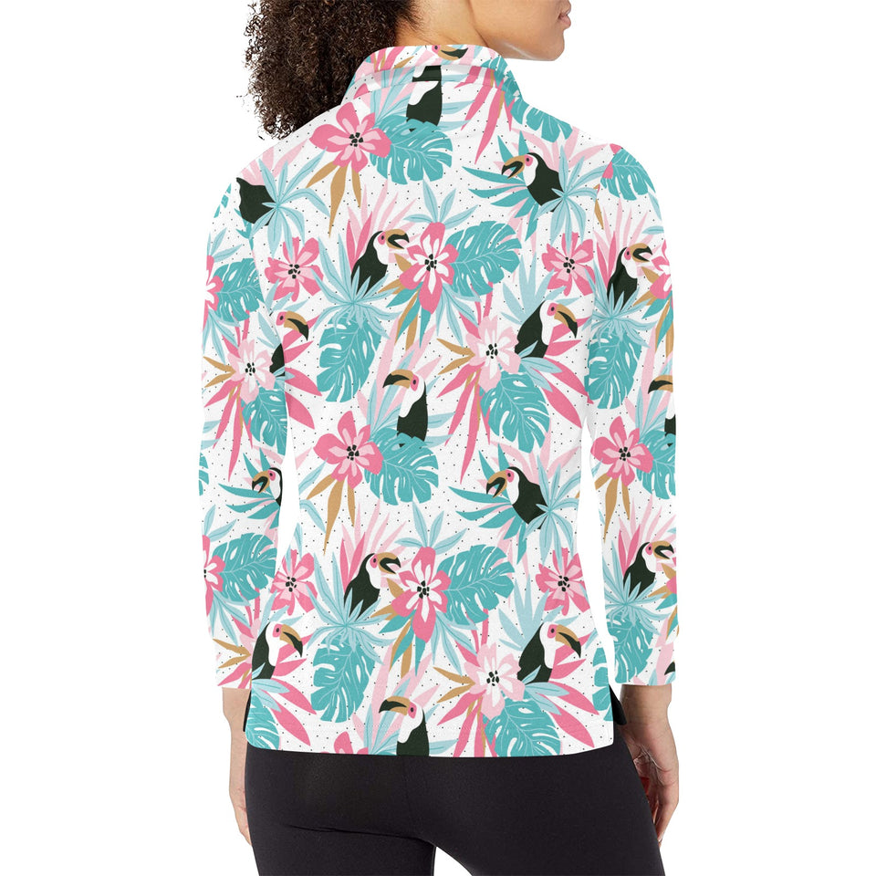 Toucan tropical flower leave pattern Women's Long Sleeve Polo Shirt