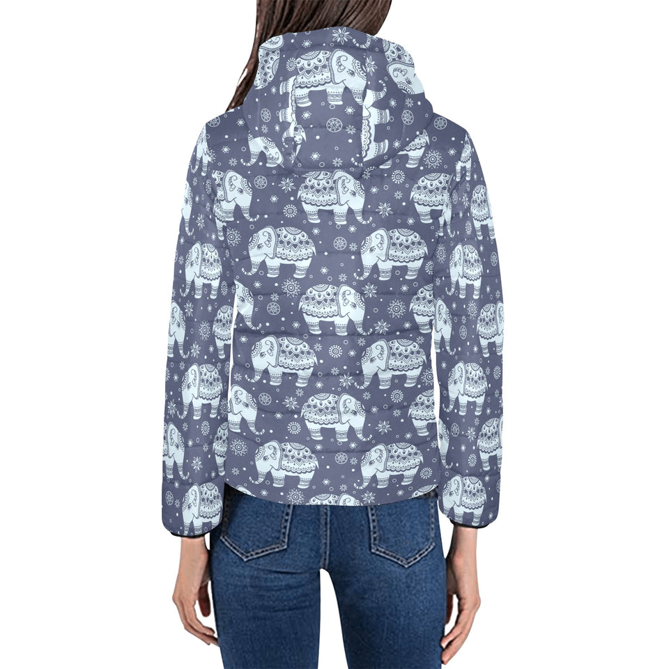 Elephant tribal design pattern Women's Padded Hooded Jacket