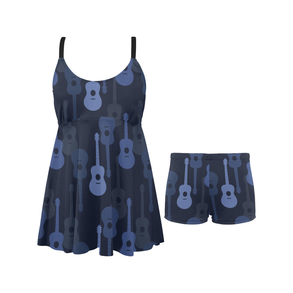 Blue Theme guitar pattern Chest Sexy Pleated Two Piece Swim Dress