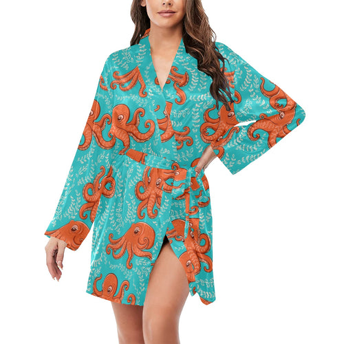 Octopus turquoise background Women's Long Sleeve Belted Night Robe